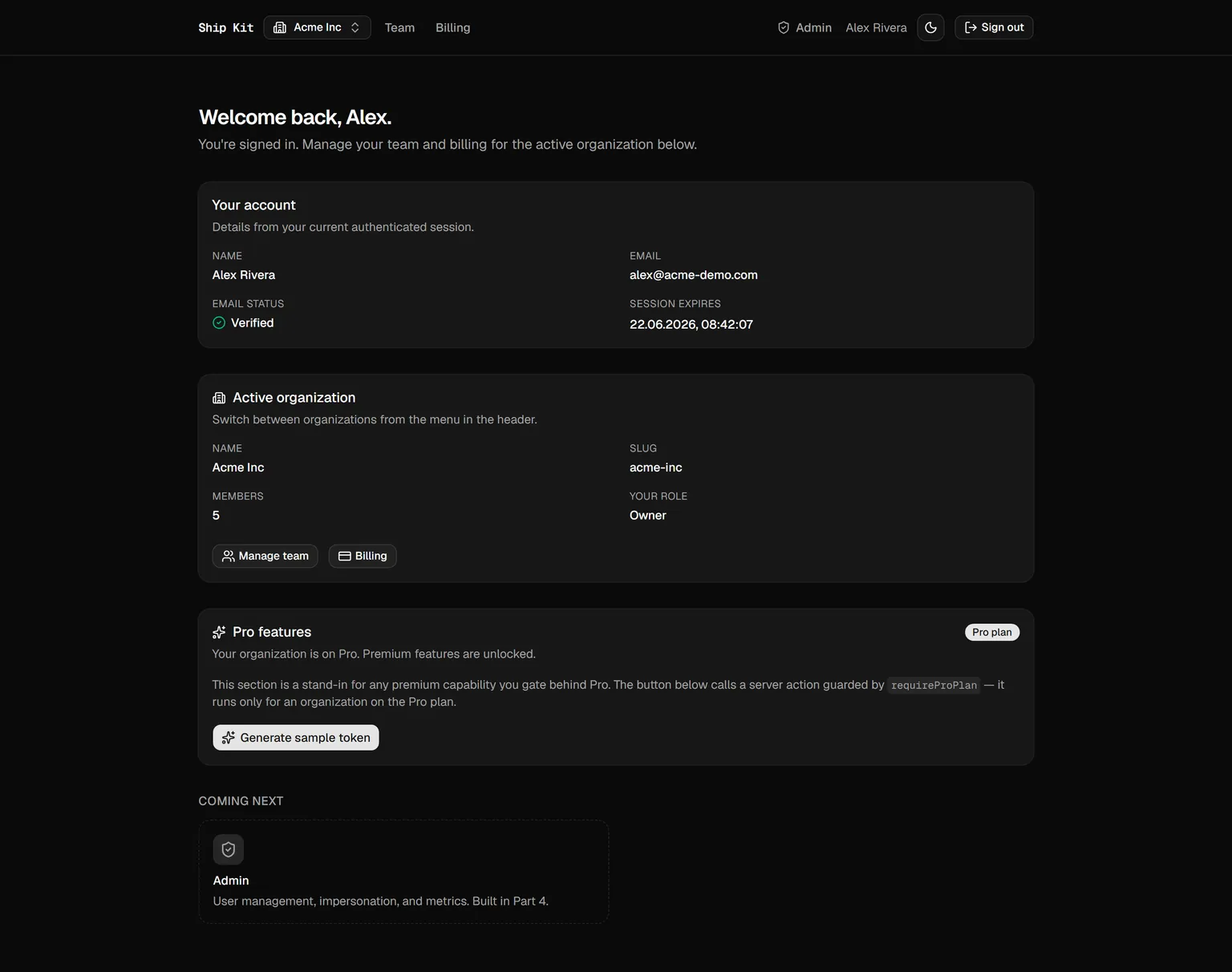 Ship Kit dashboard showing the signed-in user's account details, the active organization Acme Inc with five members and an owner role, and an unlocked Pro feature card.